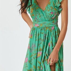 Anthropologie Green Ruffled Floral Dress for Wedding Guest